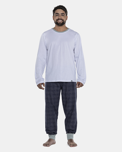 Pijama Masculino Adulto Manga Longa e Calça Flanelada Com Punhos