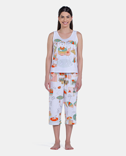Pijama Feminino Regata Média e Calça Corsário Estampada