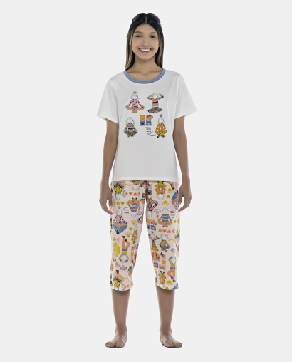 Pijama Feminino Adulto Manga Curta e Corsário