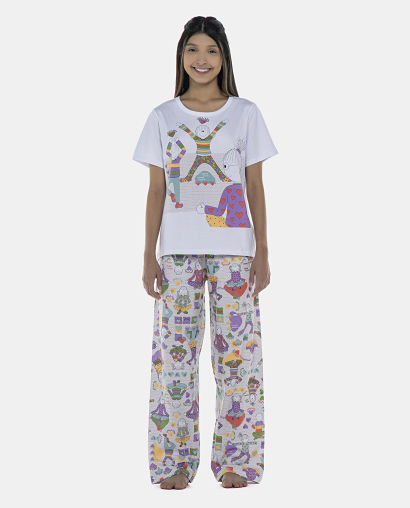 Pijama Feminino Adulto Manga Curta e Calça