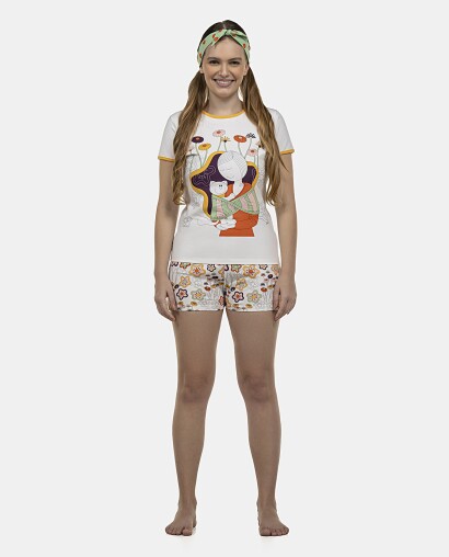 Pijama Feminino Adulto Baby-Look Manga Curta e Short
