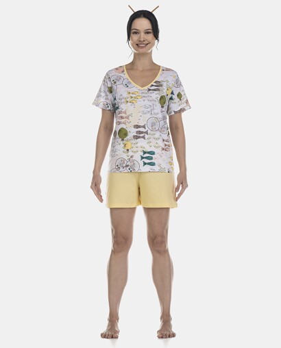 Pijama Feminino Adulto Manga Curta Decote V e Short
