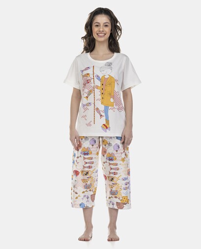 Pijama Feminino Adulto Manga Curta e Corsário
