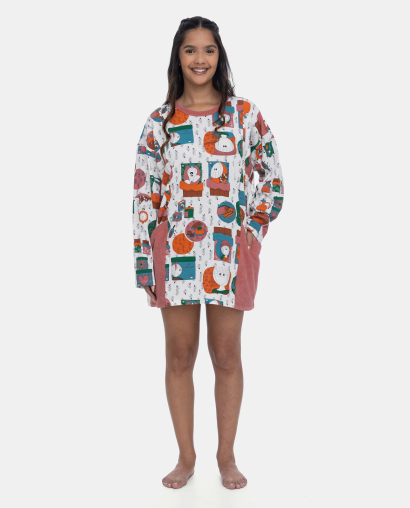Camisão Feminino Adulto Manga Longa Bolsos 
