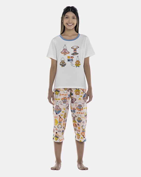 Pijama Feminino Adulto Manga Curta e Corsário