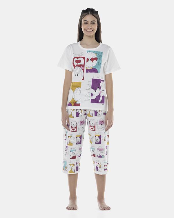 Pijama Feminino Adulto Manga Curta e Corsário