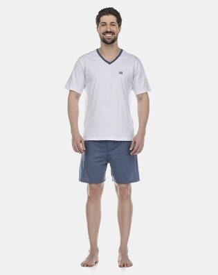 Pijama Masculino Adulto Manga Curta Decote V e Short 