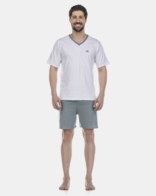 Pijama Masculino Adulto Manga Curta Decote V e Short 