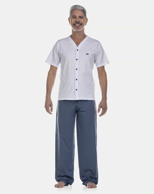 Pijama Masculino Adulto Manga Curta Com Abertura e Calça