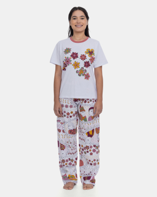 Pijama Manga Curta Feminino e Calça Estampa Pat Annie