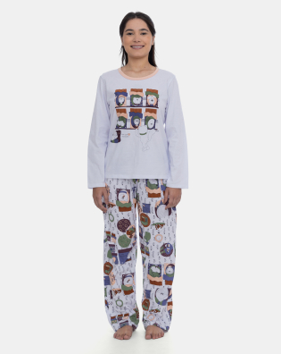 Pijama Feminino Manga Longa e Calça Estampa Personagens