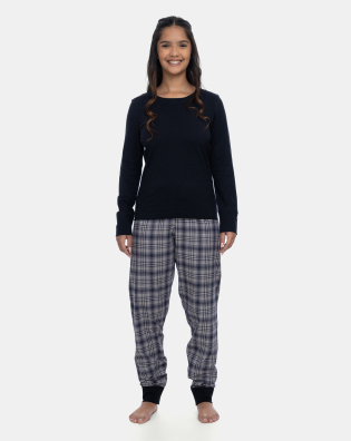Pijama Feminino Manga Longa e Calça Xadrez Preta