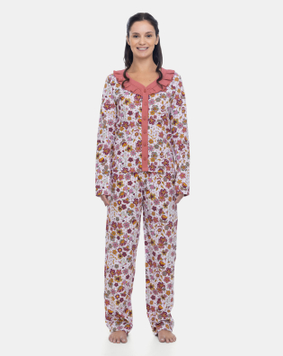 Pijama Feminino Adulto Blusa Botões Manga Longa e Calça Floral