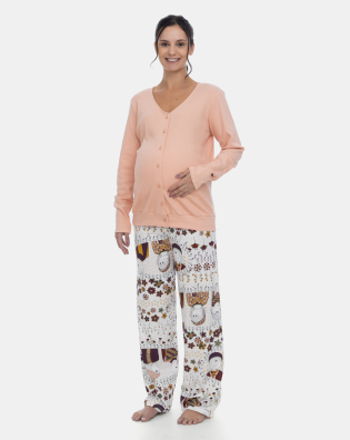 Pijama Gestante Blusa V Botões Manga Longa e Calça Estampa Pat e Annie