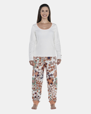 Pijama Feminino Adulto Manga Longa Canelada e Calça Moletinho