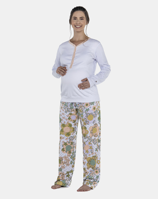Pijama Feminino Gestante Manga Longa Canelada e Calça