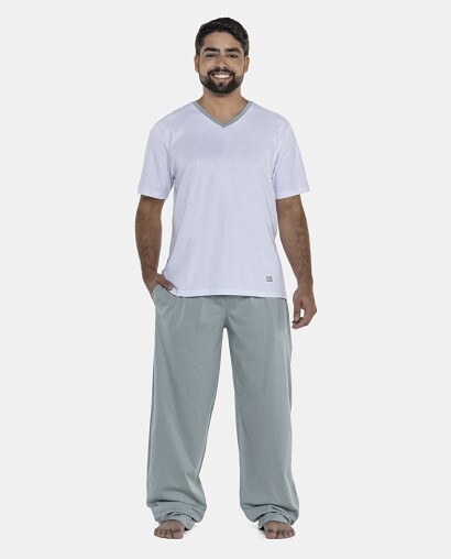 Pijama Masculino Adulto Manga Curta Decote V e Calça