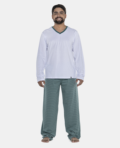 Pijama Masculino Adulto Manga Longa Decote V e Calça Listras