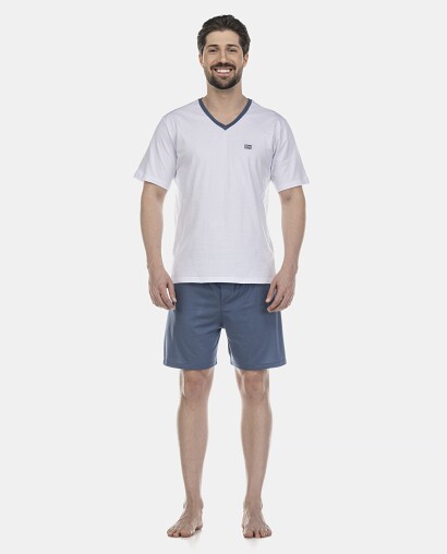 Pijama Masculino Adulto Manga Curta Decote V e Short 