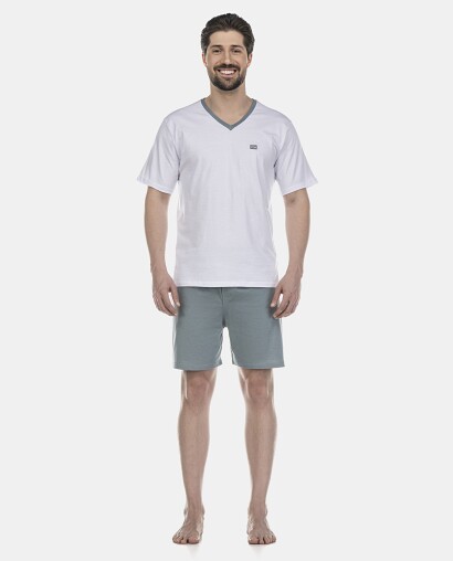 Pijama Masculino Adulto Manga Curta Decote V e Short 