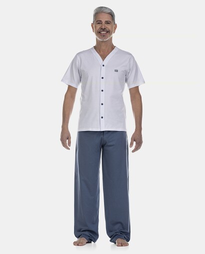 Pijama Masculino Adulto Manga Curta Com Abertura e Calça