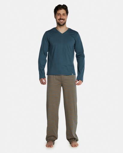 Pijama Masculino Adulto Manga Longa Decote V e Calça Listrada