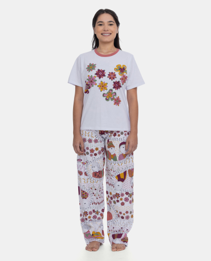 Pijama Manga Curta Feminino e Calça Estampa Pat Annie
