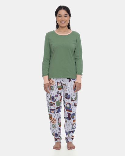 Pijama Feminino Adulto Manga Longa e Calça Estampada