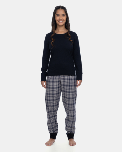 Pijama Feminino Manga Longa e Calça Xadrez Preta