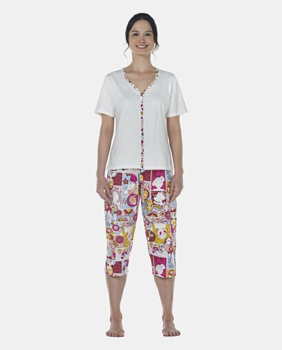 Pijama Feminino Adulto Manga Curta Aberta e Corsário