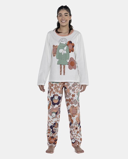 Pijama Feminino Adulto Manga Longa e Calça