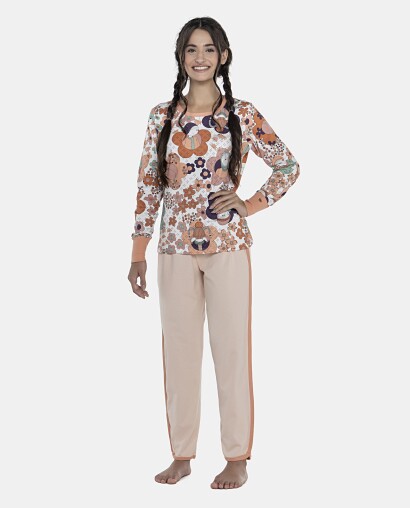 Pijama Feminino Adulto Manga Longa Com Punhos e Calça