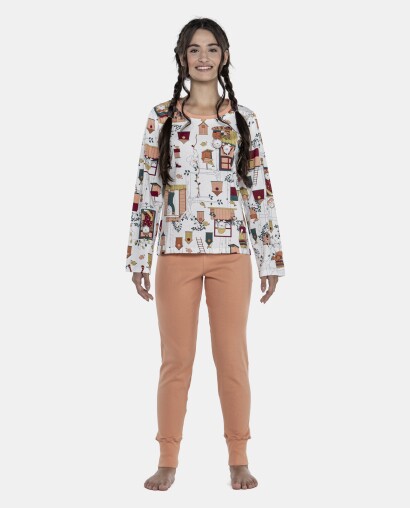Pijama Feminino Adulto Manga Longa e Calça Canelada
