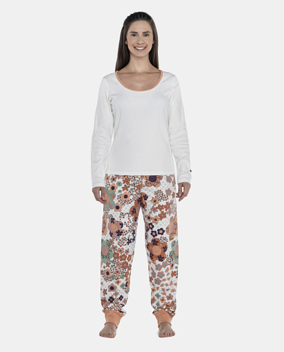 Pijama Feminino Adulto Manga Longa Canelada e Calça Moletinho