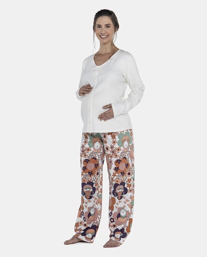 Pijama Feminino Gestante Manga Longa Canelada e Calça