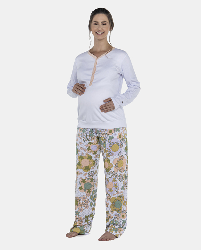 Pijama Feminino Gestante Manga Longa Canelada e Calça