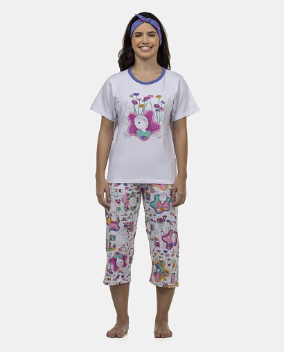 Pijama Feminino Adulto Manga Curta e Corsário