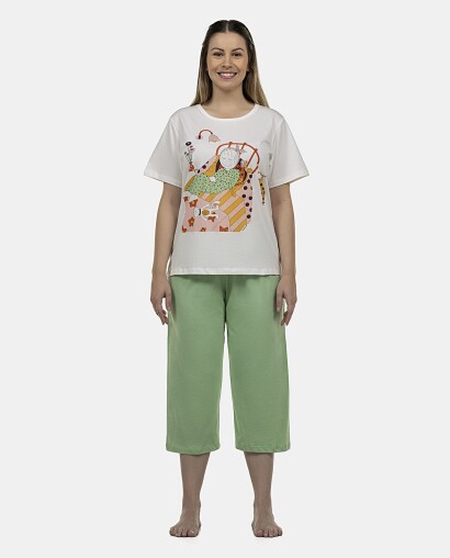 Pijama Feminino Adulto Manga Curta e Corsário