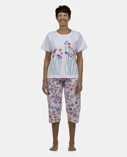 Pijama Feminino Adulto Manga Curta e Corsário