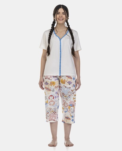 Pijama Feminino Adulto Manga Curta Aberto e Corsário