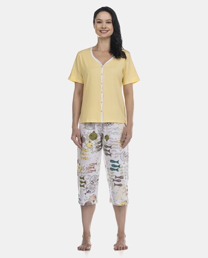 Pijama Feminino Adulto Manga Curta Aberto e Corsário