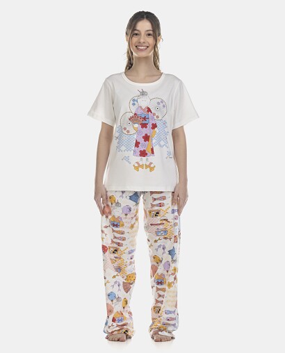 Pijama Feminino Adulto Manga Curta e Calça