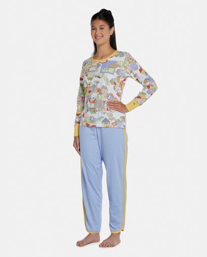 Pijama Feminino Adulto Manga Longa Com Punhos e Calça