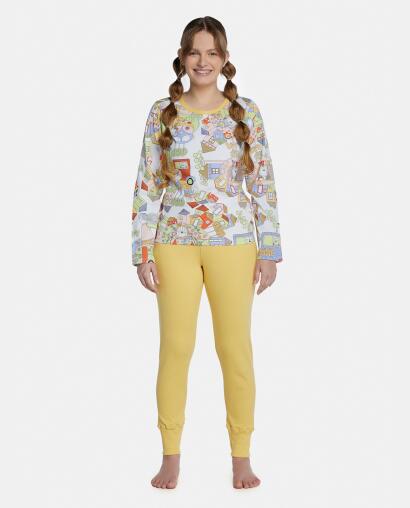 Pijama Feminino Adulto Manga Longa e Calça Canelada