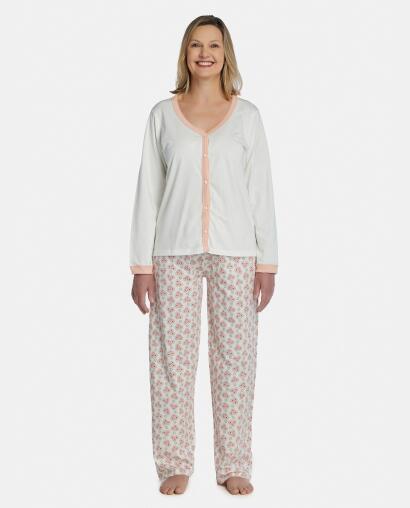 Pijama Feminino Adulto Manga Longa Com Abertura e Calça