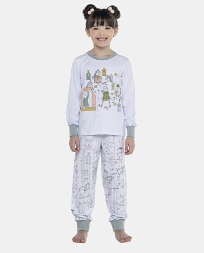 Pijama Feminino Kids Manga Longa e Calça Com Punhos