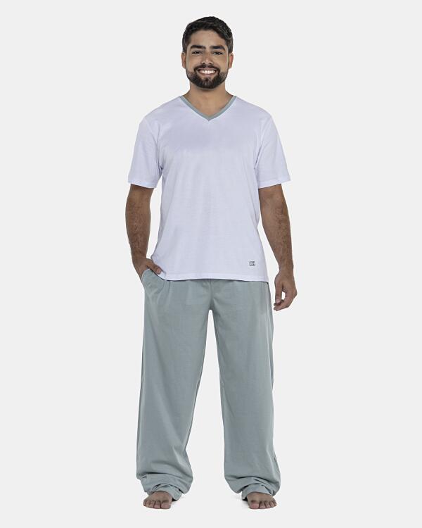 Pijama Masculino Adulto Manga Curta Decote V e Calça