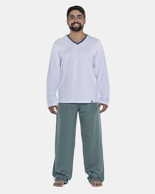 Pijama Masculino Adulto Manga Longa Decote V e Calça Listras
