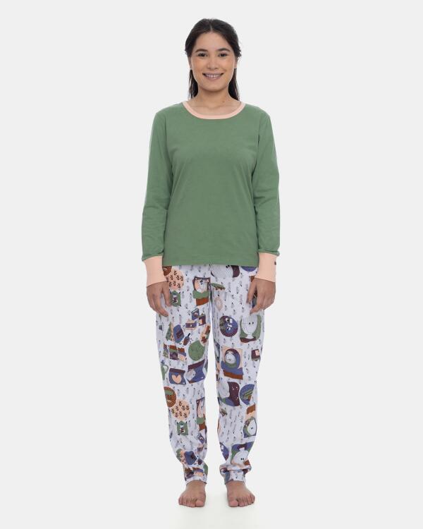 Pijama Feminino Adulto Manga Longa e Calça Estampada