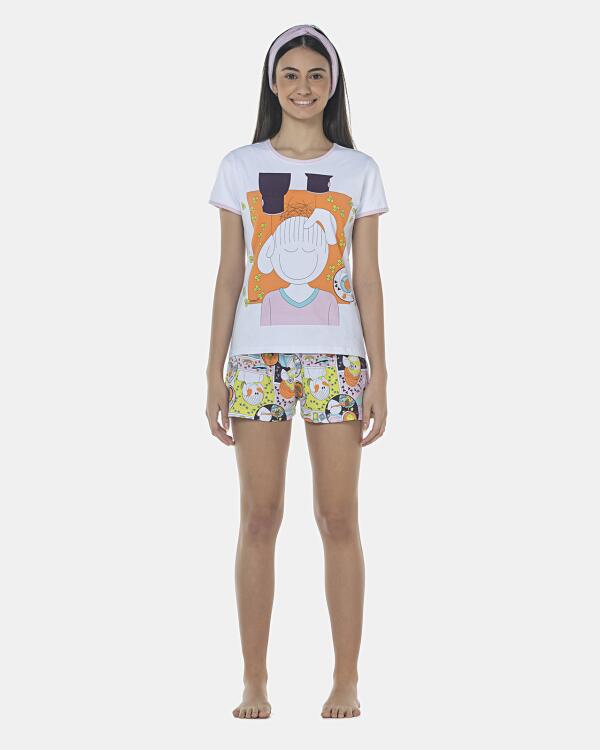 Pijama Feminino Adulto Baby-Look Manga Curta e Short